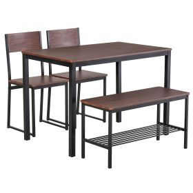 4-Piece Dining Set Industrial Wooden Table Chairs Bench Storage Rack Rustic Brown Black